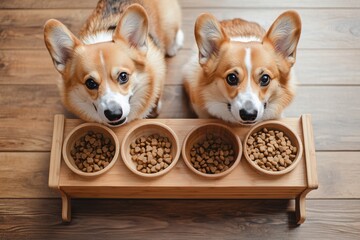 Top view of two adorable corgi dogs looking up with anticipation, sitting by wooden stand with bowls of dry pet food. Warm natural light. Cozy home setting. Ideal for pet food ads. Copy space