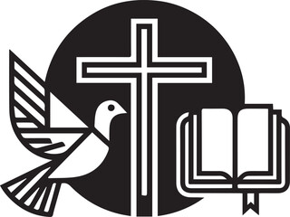 Christian religious symbols of cross, dove and bible logo transparent vector png 
