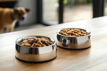Close-up of two stainless steel bowls filled with assorted dry dog food on a wooden table. Soft daylight, blurry dog in the background. Modern interior. Perfect for pet food advertising. Banner