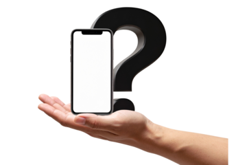 Smartphone with Blank Screen on a Hand Shaped Like a Question Mark, Concept of Possibility and Creativity, Isolated on Transparent Background