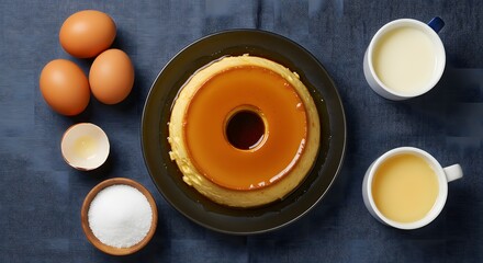 Pudding surrounded by ingredients seen from above — eggs, condensed milk, and sugar — a clear and organized photo for social media