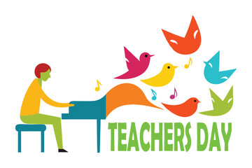Fototapeta premium Colorful Music Teacher Piano Vector – Notes Turning into Birds Illustration.