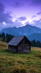 A quaint wooden cabin nestled in a vast open field, surrounded by wildflowers and tall grass, under a clear blue sky with fluffy white clouds.