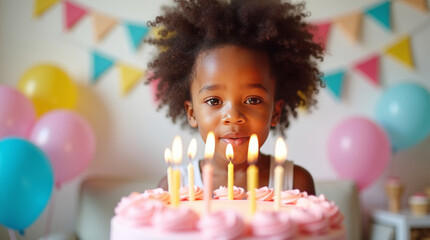 Birthday celebration with girl blowing out candles on pink cake, colorful decorations and balloons in background