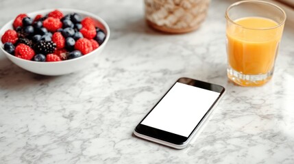 A close-up of a smartphone with a white screen on a clean marble kitchen counter, next to a bowl of fresh berries and a glass of orange juice, health or recipe app concept.