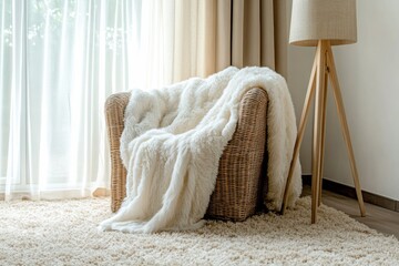 A cozy corner with a wicker chair draped in fluffy white faux fur. Soft natural light. Sheer curtains. Minimalist Scandinavian interior with beige accents. Calm and peaceful mood. Copy space. Banner