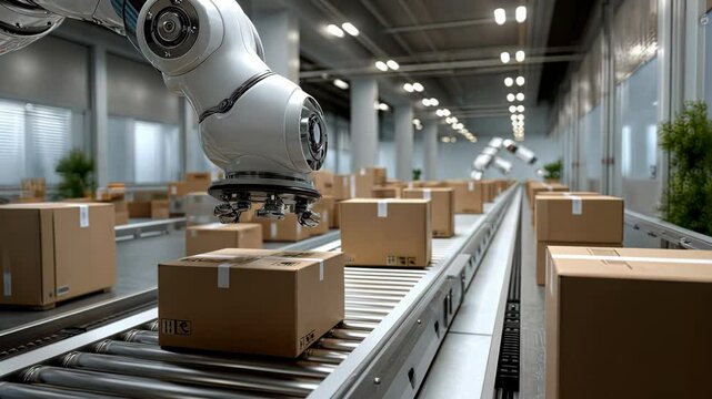 Robotic arms sort and pack boxes in a high-tech factory environment showcasing advanced automation and efficiency