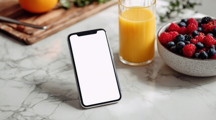 A close-up of a smartphone with a white screen on a clean marble kitchen counter, next to a bowl of fresh berries and a glass of orange juice, health or recipe app concept.
