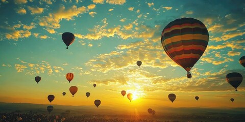 Naklejka premium A time-lapse of balloons rising with the sun