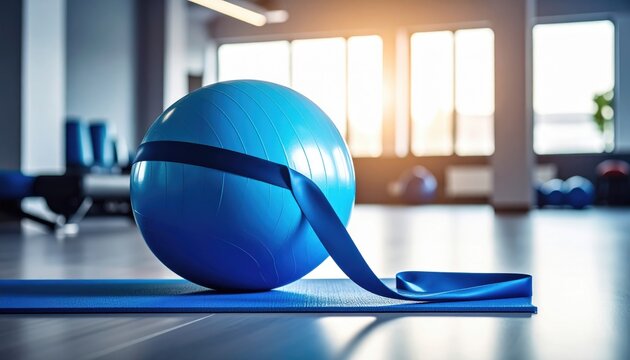 Blue exercise ball with a ribbon on a yoga mat in a bright fitness studio at sunset