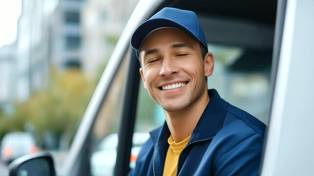 Smiling delivery driver in a white van efficiently distributing packages to clients.