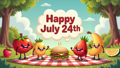 Fototapeta premium Happy July 24th picnic celebration with cute fruits and a burger in a cheerful outdoor setting