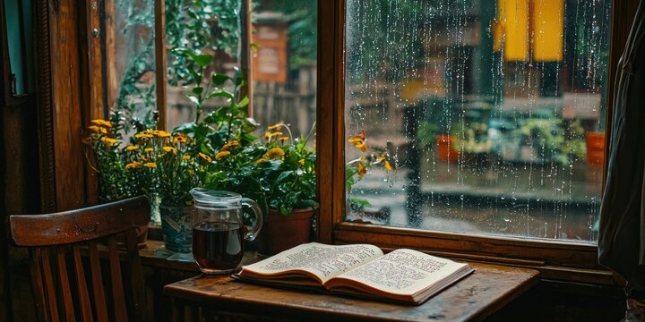 Fototapeta A tiny corner cafÃ© with rain trickling on the window and an open poetry book