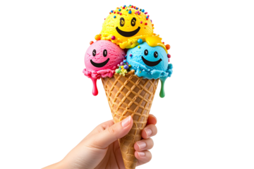 Hand Holding Melting Ice Cream Cone with Dripping Smiley Faces, Whimsical Summer Concept, Isolated on Transparent Background