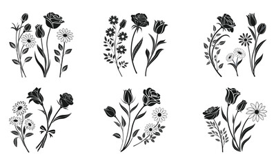 Elegant Flower Silhouette Vector Pack Roses, Tulips, Daisies with Clean Line Design.