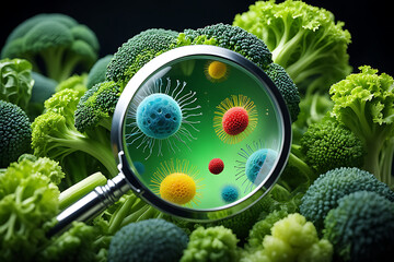 A magnifying glass reveals microscopic organisms on fresh green broccoli florets, highlighting food safety