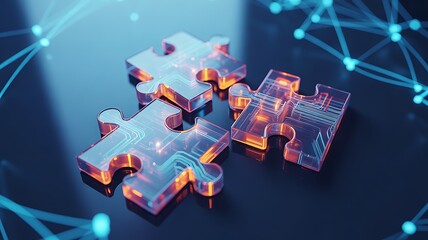 Transparent puzzle pieces with glowing circuitry and connected blue nodes technology