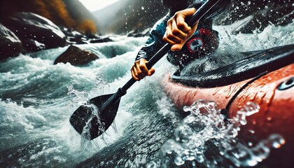 A close-up view of a kayaker’s paddle slicing through fast-moving whitewater rapids during an intense kayaking adventure