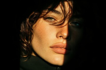 Close-up of Freckled Woman's Face in Dramatic Light: Partial View, Moody Portrait, Intense Look