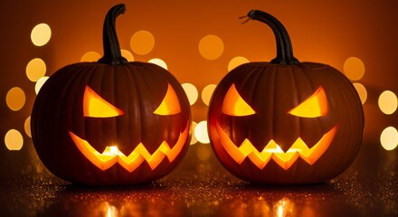 Fototapeta premium Two glowing jackolanterns sit against a blurred bokeh background