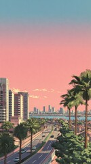 Obraz premium Stylized retro cityscape with palm trees and high-rise buildings under a vibrant pink and blue sky ideal for nostalgic summer visuals, vaporwave aesthetics and travel-themed poster designs