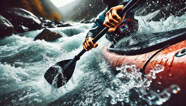 A close-up view of a kayaker’s paddle slicing through fast-moving whitewater rapids during an intense kayaking adventure