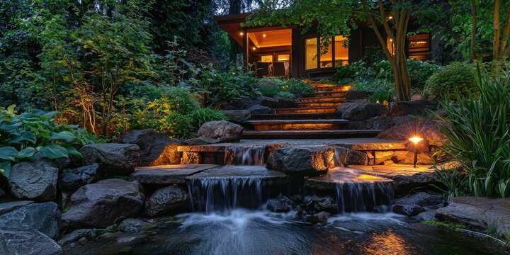 A tranquil home with a backyard waterfall and garden path lighting
