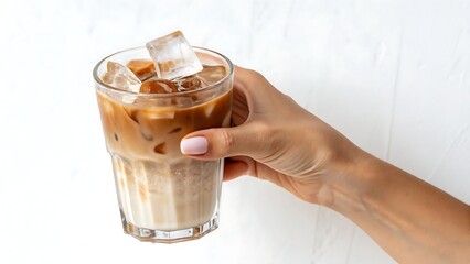 Female hand with glass of iced latte on white drink, coffee, glass, milk, latte, beverage, cream, cup, chocolate, brown, cafe, food, hot, cappuccino, white, ,