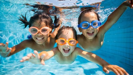 Group of Happy Children Playing Underwater with Goggles in a Swimming Pool