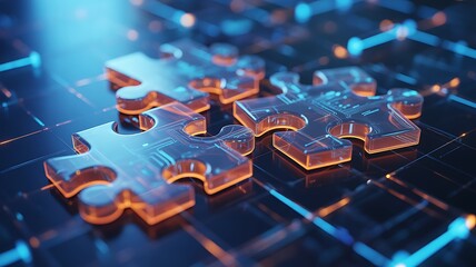 Transparent puzzle pieces with glowing circuits and blue light lines technology