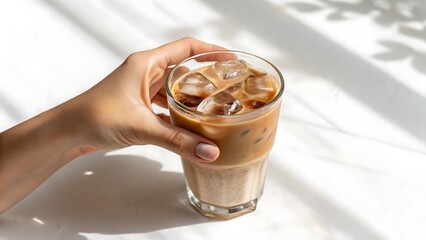 Female hand with glass of iced latte on white background,drink, coffee, glass, milk, latte, beverage, cream, cup, chocolate, brown, cafe, food, hot, cappuccino, white, 