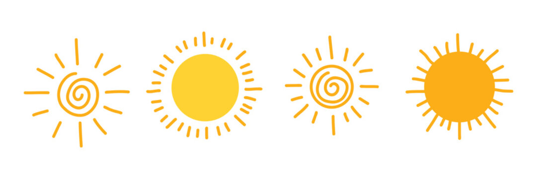 Hand-drawn sun icons set with spiral and ray elements. Cute doodle style in warm yellow tones. Summer clipart for kids, weather apps, seasonal design, or creative projects. Vector illustration