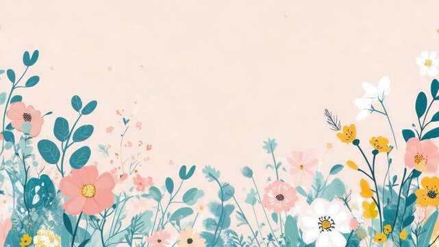 Delicate flowers and foliage in a pastel garden border design on white background.