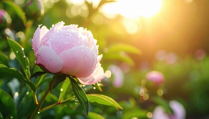 Close-up of a dewy pink peony flower basking in sunlight in a lush garden setting