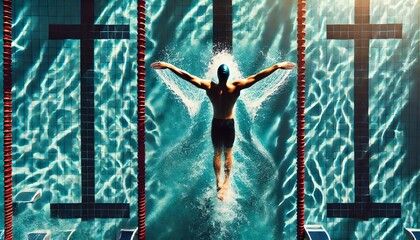 An aerial view of a professional swimmer in a competitive swimming pool