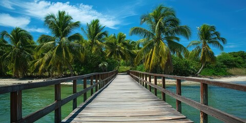 A tropical wooden bridge with palm trees swaying nearby