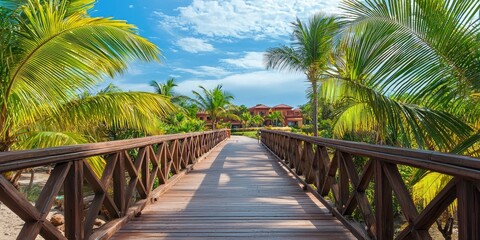 A tropical wooden bridge with palm trees swaying nearby