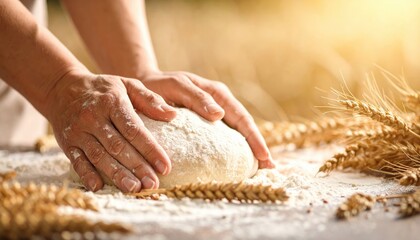 Hands kneading dough on a wooden surface surrounded by wheat stalks in a sunlit kitchen