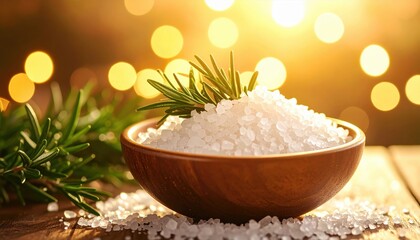 Close-up of a wooden bowl filled with coarse salt and fresh rosemary against a glowing background