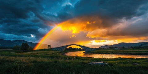 A vibrant rainbow bridge glowing under a stormy sky