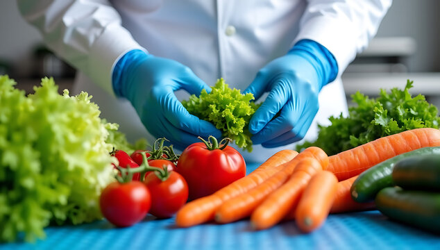 A scientist inspects fresh vegetables in a laboratory, ensuring food quality and safety