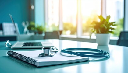 Medical workspace featuring a stethoscope on a notebook beside a laptop and plants, with sunlight