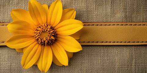 A vibrant yellow bloom centered on a textured leather patch sewn into neutral fabric