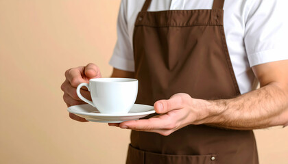 Close up of Barista Holding White Coffee Cup on Saucer With Brown Apron