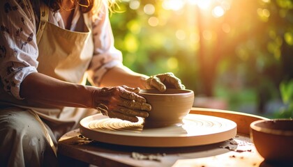 A potter skillfully shaping clay on a wheel in a sunlit outdoor studio surrounded by nature