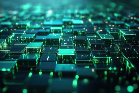 Exploration of illuminated green binary code in a high-tech digital landscape, Green binary code Programming and technology background 3D render seamless