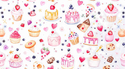 Watercolor Sweet desserts pattern on white background