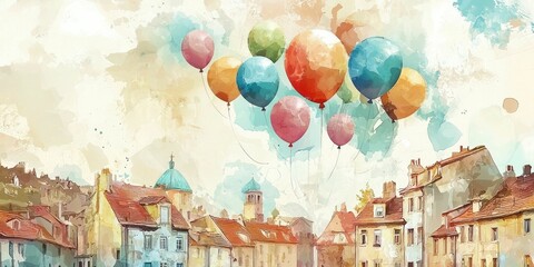 A watercolor-style painting of balloons floating above a village