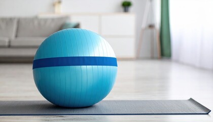 Blue exercise ball on a yoga mat in a bright, modern living room with a sofa and plant