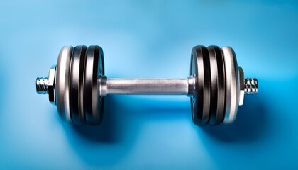Fototapeta premium a silver dumbbell with a black grip sits on a light blue surface it s for working out and getting stronger